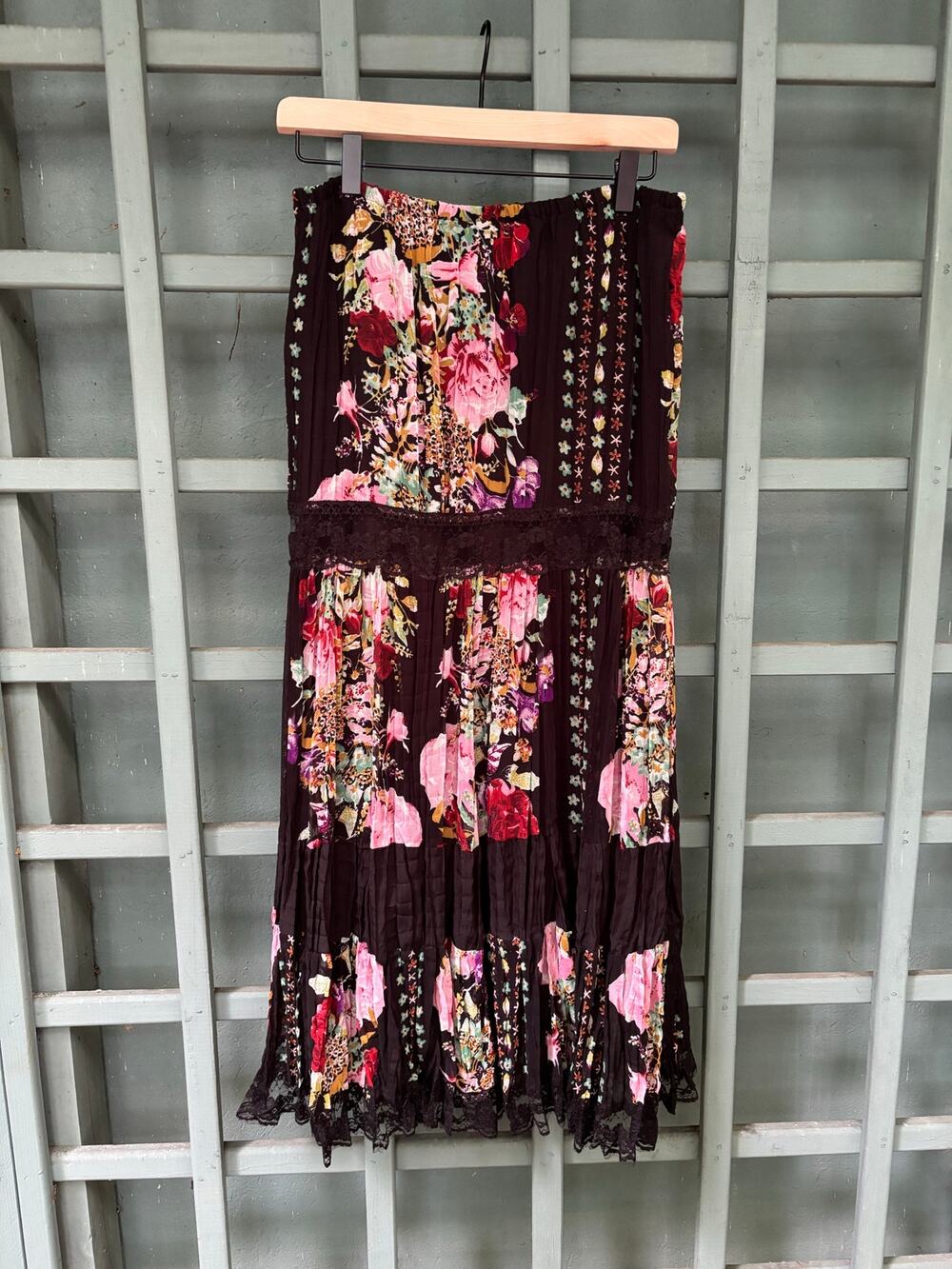 Boho Floral Lace-Trim Tiered Midi Skirt- Sz M- Whimsygoth 90s Vintage - Picture 1 of 6